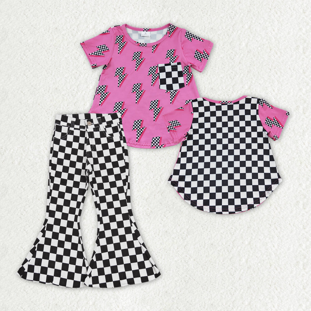 Baby Girls Pink Pocket Thunder Shirt Black Checkered Denim Jeans Pants Clothes Sets