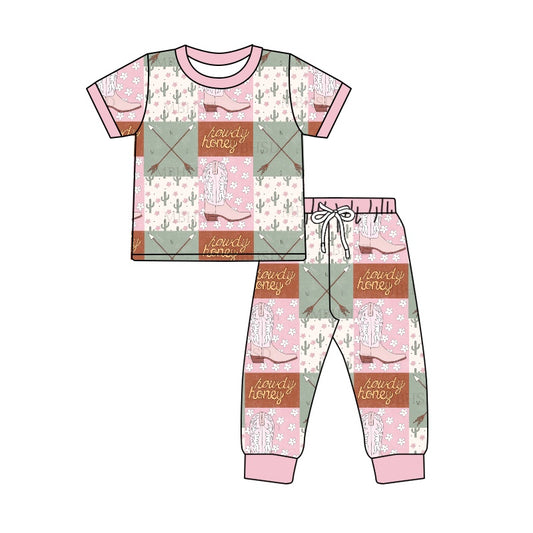 Baby Girls Western Pink Howdy Boots Cactus Shirt Pants Pajamas Clothes Sets preorder