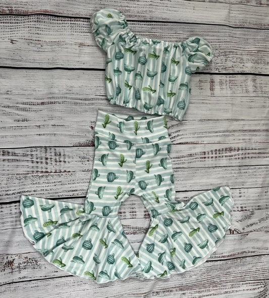 Baby Girls Cactus Green Stripes Top Bell Pants Outfits Clothes Sets Preorder