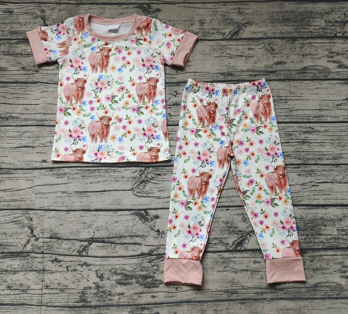 Baby Girls Highland Cows Flowers Tops Pants Pajamas Outfits Clothes Sets