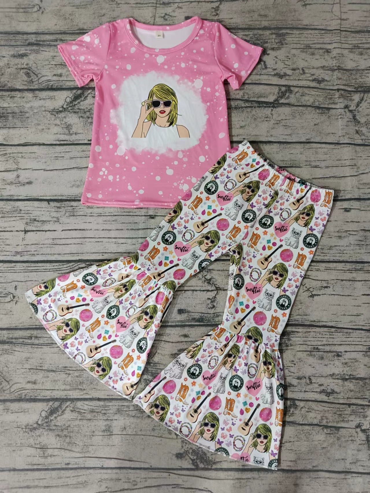 Baby Girls Pink Pop Singer Shirt Top Bell Bottom Pants Outfits Clothes Sets