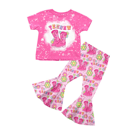 Baby Girls Doll Pink Yeehaw Flowers Boots Shirt Top Bell Pants Clothes Sets Preorder