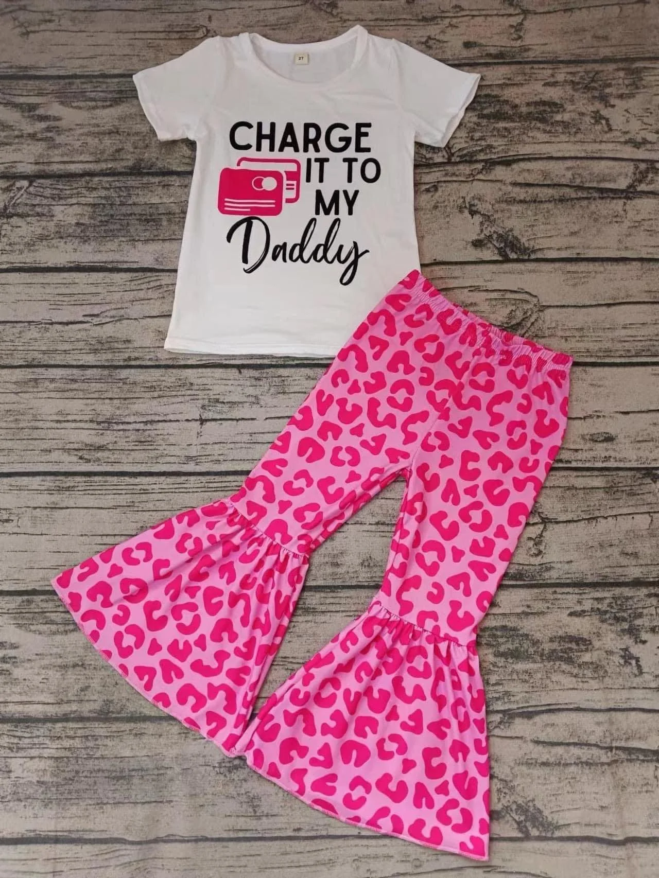 Baby Girls Charge It To My Daddy Shirt Pink Leopard Bell Pants Clothes Sets