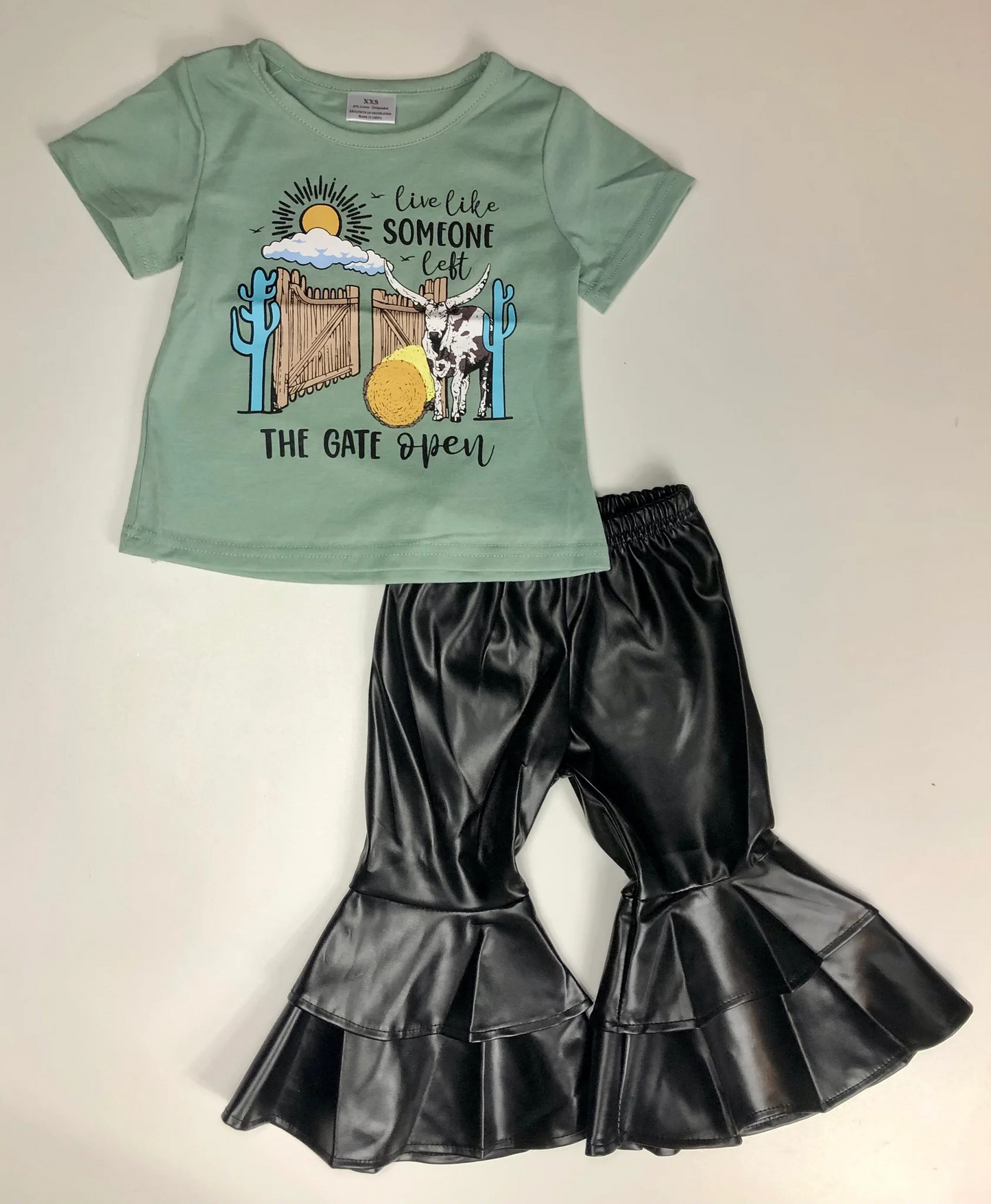 Baby Girls Cow Gate Shirts Black Leather Bell Pants Clothes Sets Preorder