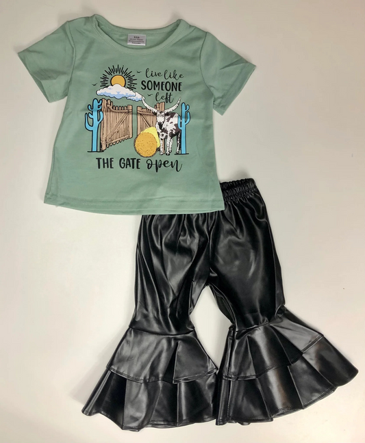 Baby Girls Cow Gate Shirts Black Leather Bell Pants Clothes Sets Preorder