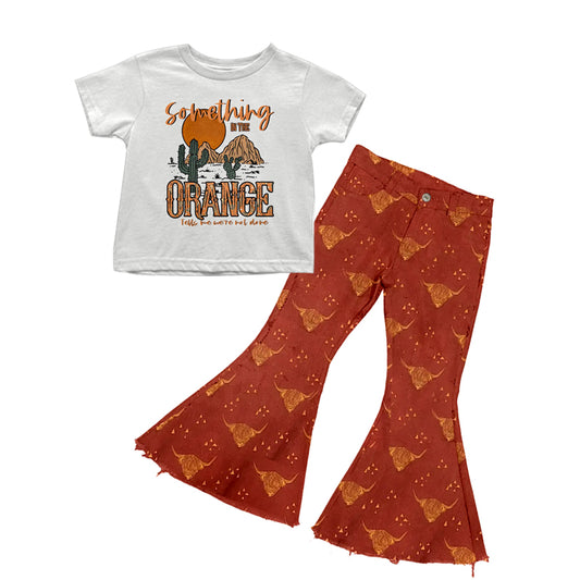 Baby Girls Western Somthing Orange Shirt Red Highland Cow Bell Flare Denim Pants preorder