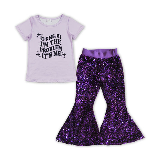 Baby Girls Purple Singer Short Sleeve Tee Shirt Purple Sequin Flare Pants Clothes Sets