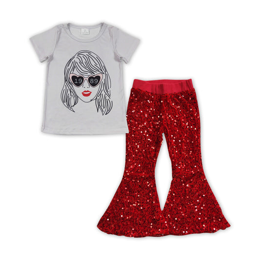 Baby Girls Grey Singer Short Sleeve Tee Shirt Red Sequin Flare Pants Clothes Sets