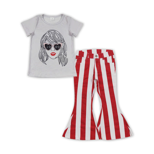 Baby Girls Grey Singer Shirt Red Stripes Bell Denim Jeans Pants Clothes Sets