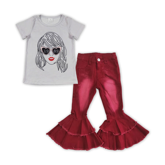 Baby Girls Grey Singer Shirt Red Bleached Bell Denim Jeans Pants Clothes Sets