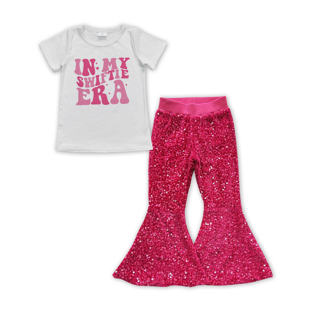 Baby Girls Singer Short Sleeve Tee Shirt Dark Pink Sequin Flare Pants Clothes Sets