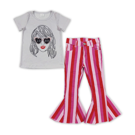 Baby Girls Grey Singer Shirt Pink Stripes Bell Denim Jeans Pants Clothes Sets