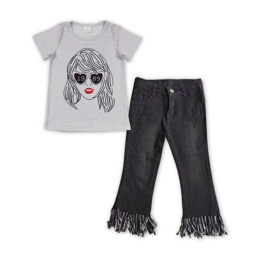 Baby Girls Singer Grey Shirt Black Tassel Denim Jeans Pants Clothes Sets