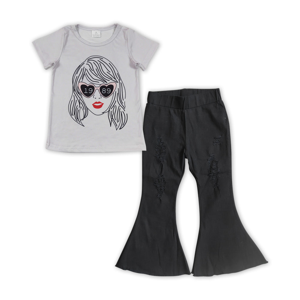 Baby Girls Singer Shirt Black Bell Denim Jeans Pants Clothes Sets