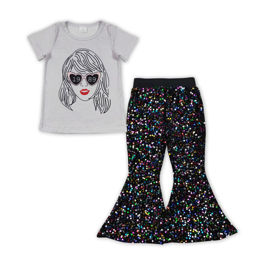 Baby Girls Grey Singer Short Sleeve Tee Shirt Black Colorful Sequin Flare Pants Clothes Sets