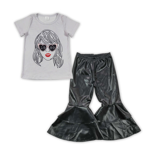 Baby Girls Singer Grey Tee Top Black Leather Bell Pants Clothes Sets