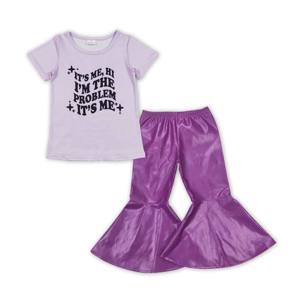 Baby Girls Singer Problem Tee Top Purple Leather Bell Pants Clothes Sets