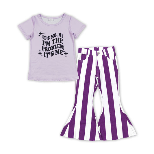 Baby Girls Problem Singer Shirt Purple Stripes Bell Denim Jeans Pants Clothes Sets
