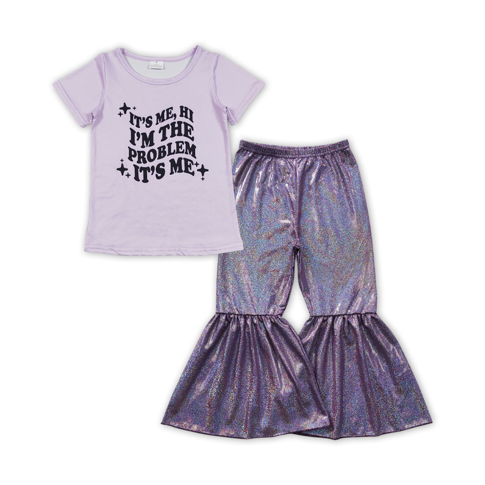 Singer Problem Baby Girls Tee Shirts Tops Purple Sparkle Bell Pants Clothes Sets