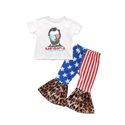 Baby Girls 4th Of July America Shirt Top Bell Pants Clothes Sets Preorder