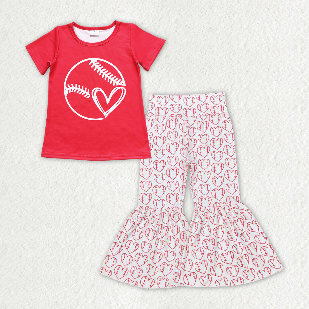 Baby Girls Red Baseball Tee Shirts Tops Bell Pants Outfits Clothes Sets