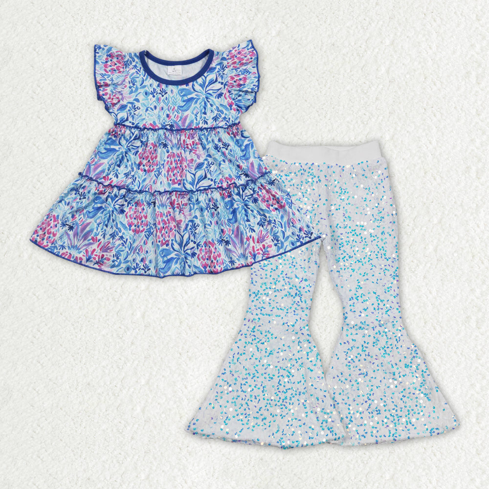 Sibling Baby Girls Flutter Sleeve Colorful Floral Tunic Sequin Bell Bottom Pant Clothes Set