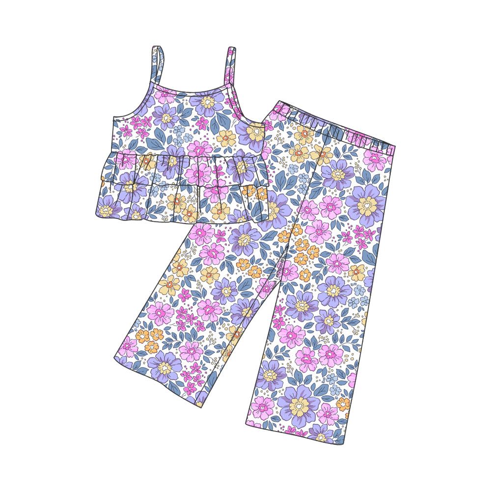 Baby Girls Purple Flowers Straps Ruffle Top Pants Clothes Sets Preorder