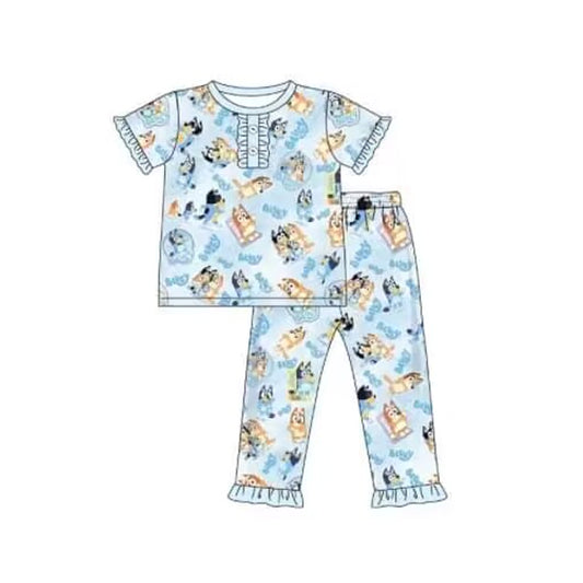 Baby Girls Blue Dogs Short Sleeve Shirt Top Pants Pajamas Clothes Sets Preorder(moq 5)