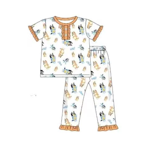 Baby Girls Orange Dogs Short Sleeve Shirt Top Pants Pajamas Clothes Sets Preorder(moq 5)