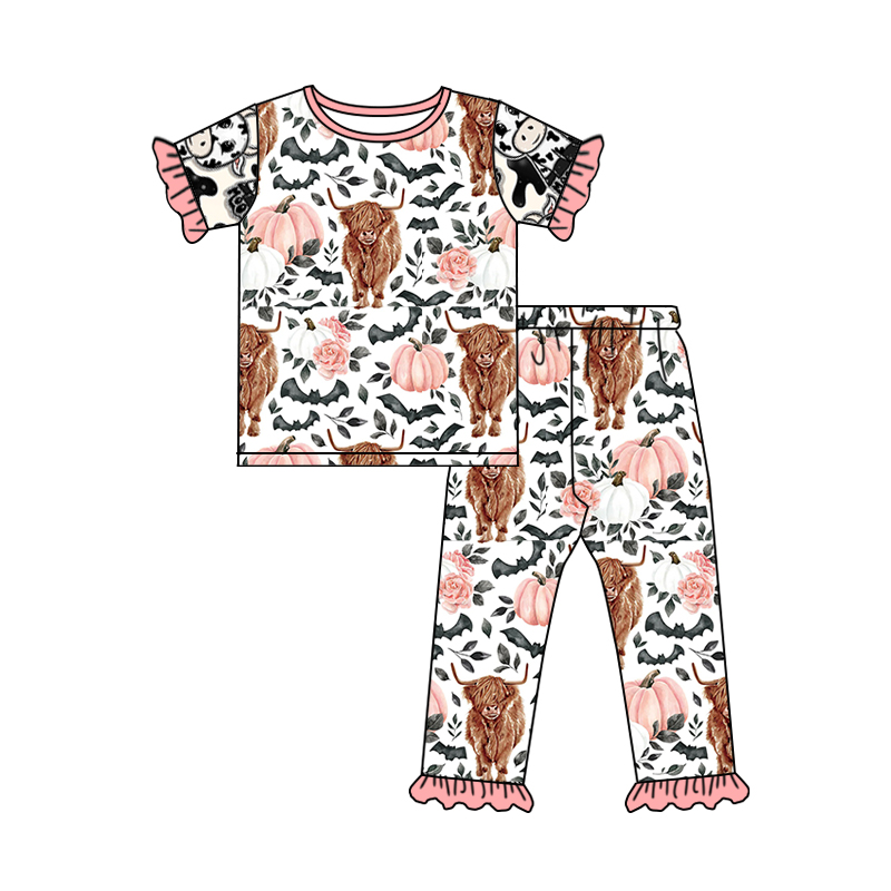 Baby Girls Pink Pumpkin Highland Cow Shirt Pants Pajamas Clothes Sets Preorder