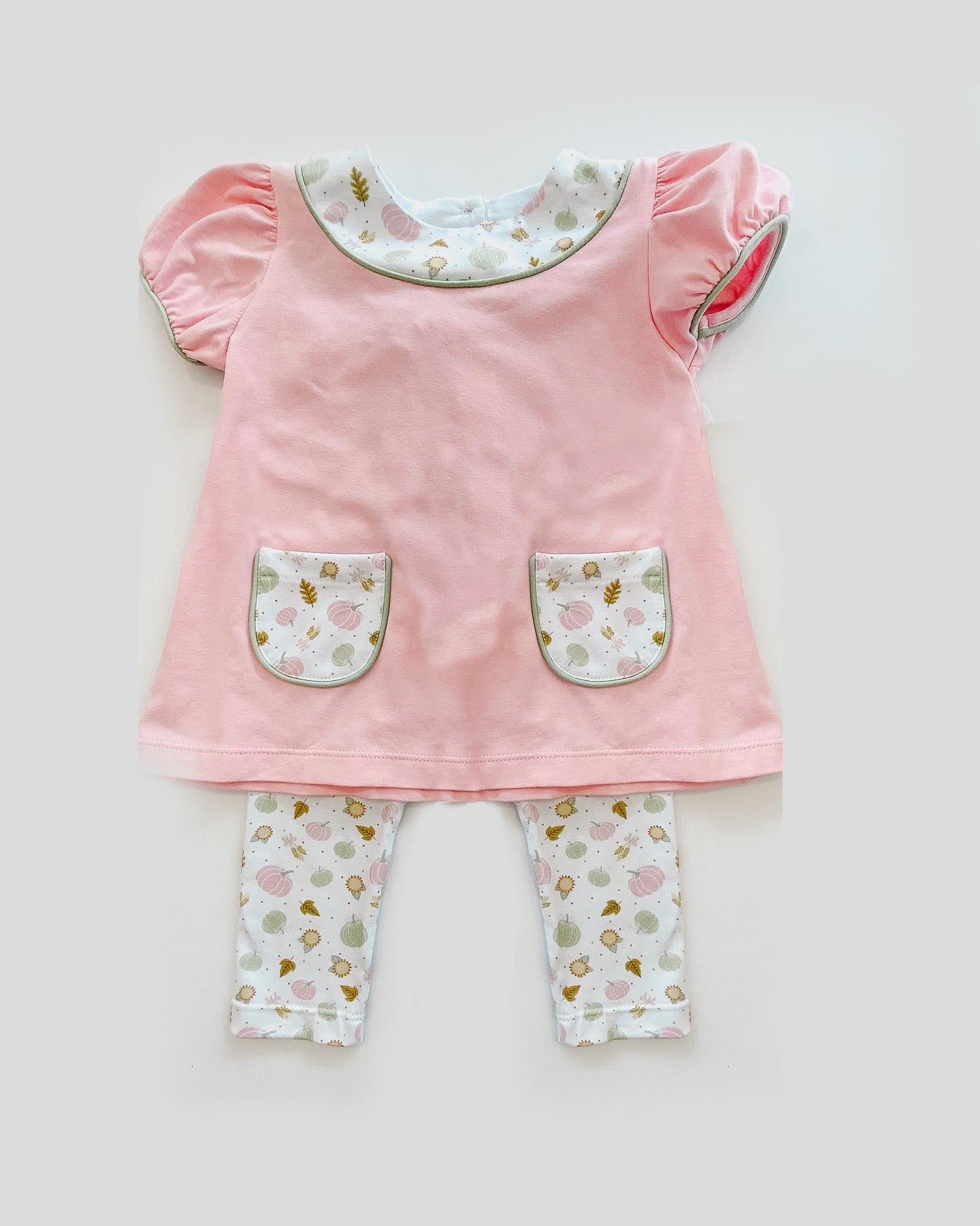 Baby Girls Pink Pumpkin Short Sleeve Pockets Tunic Legging Clothes Sets Preorder