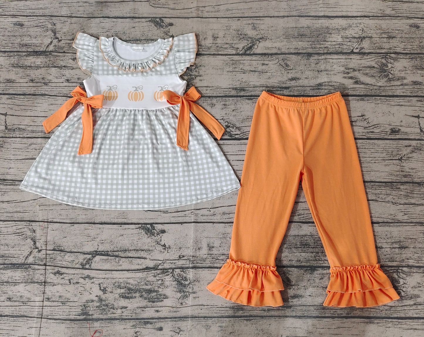 Baby Girls Green Checkered Pumpkins Tunic Ruffle Pants Clothes Sets