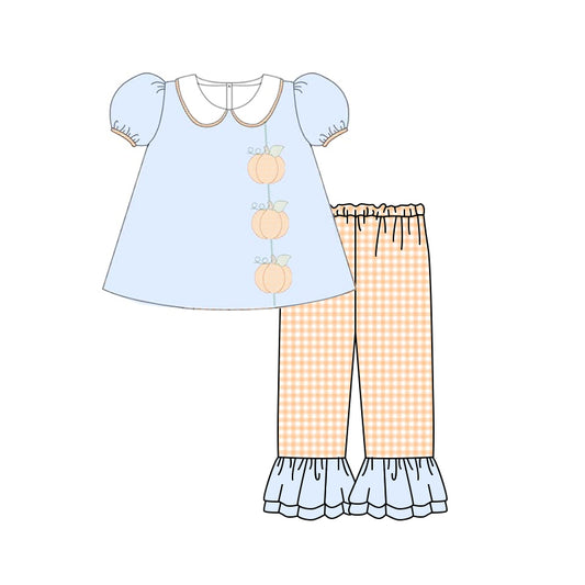 Baby Girls Embroidery Blue Short Sleeve Pumpkins Tunic Ruffle Pants Clothes Sets Preorder