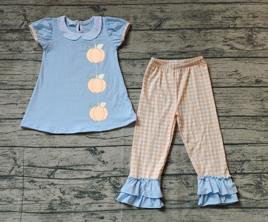 Baby Girls Embroidery Blue Short Sleeve Pumpkins Tunic Ruffle Pants Clothes Sets Preorder