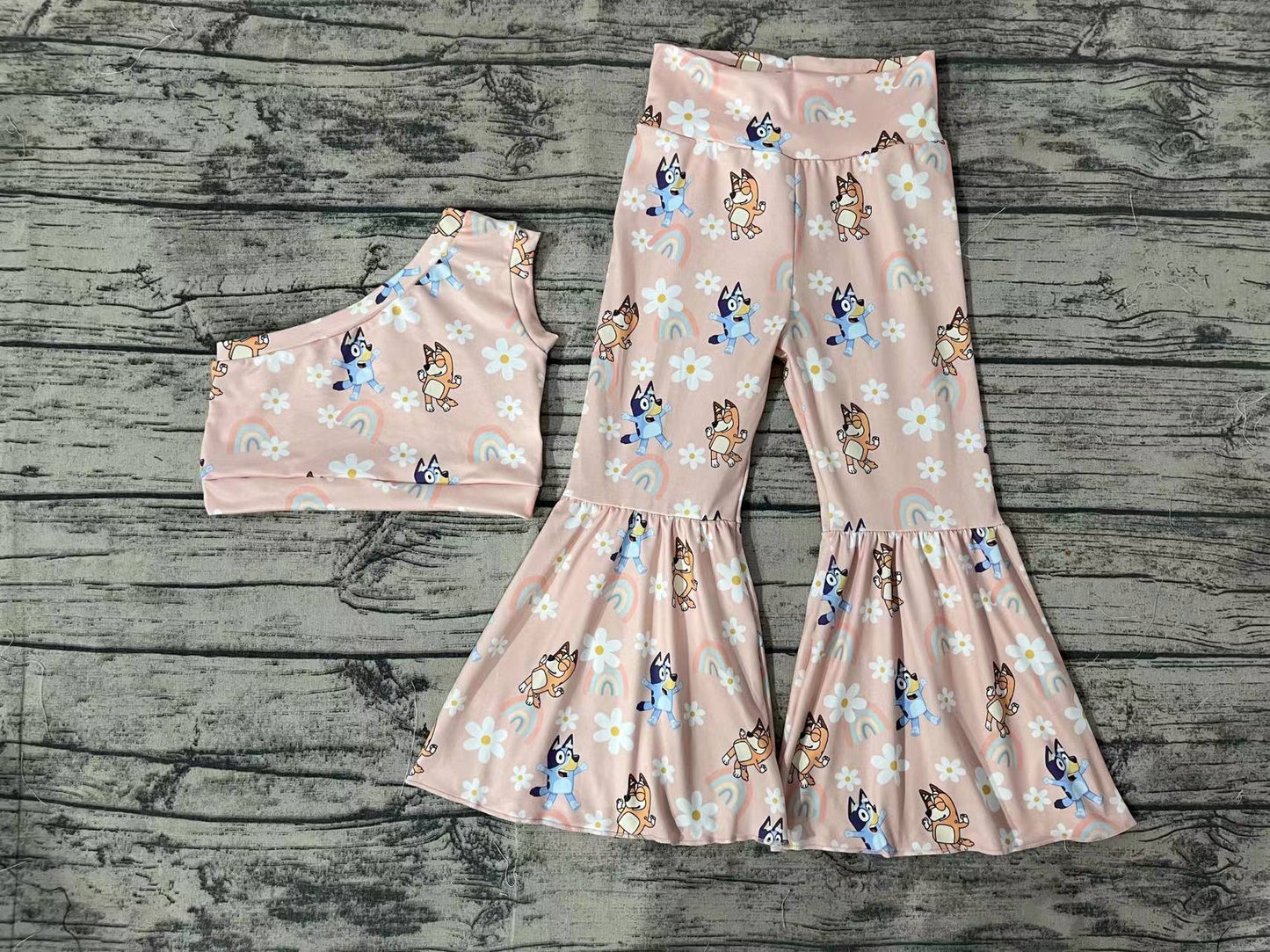 Baby Girls Pink Dog Flowers One Shoulder Shirt Bell Pants Clothes Sets