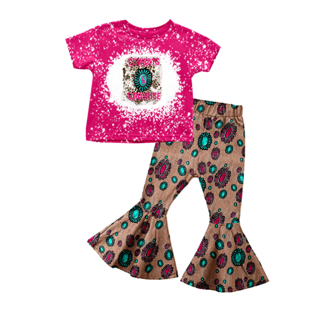 Baby Girls Western Cowboys Turquoise Shirt  Bell Pants Clothes Sets Preorder