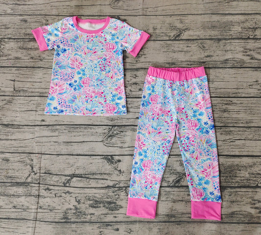 Baby Girls Pink Flowers Short Sleeve Tee Shirt Pants Pajamas Clothes Sets