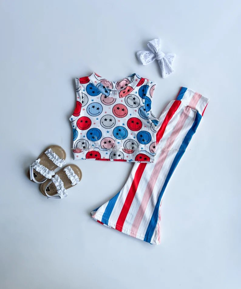 Baby Girls 4th Of July Smile Tee Shirts Top Stripes Bell Pants Clothes Sets Preorder