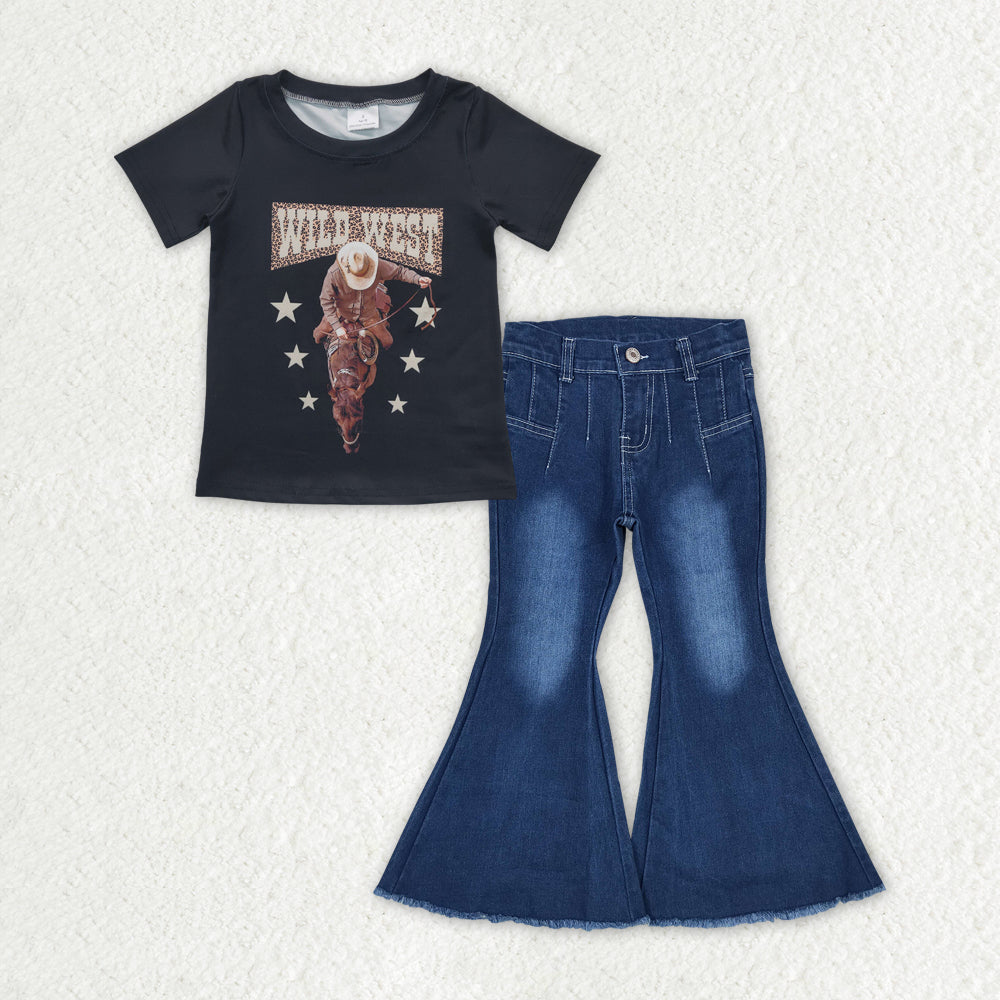 Baby Girls Wild West Shirt Top Bleached Denim Jeans Pants Clothes Sets