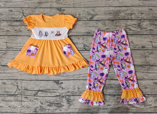 Baby Girls Halloween Dogs Tunic Tops Ruffle Pants Clothes Sets