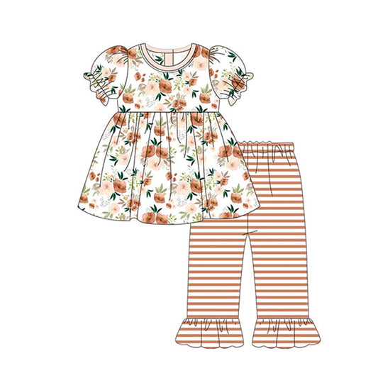 Baby Girls Orange Flowers Tunic Stripes Pants Clothes Sets Preorder