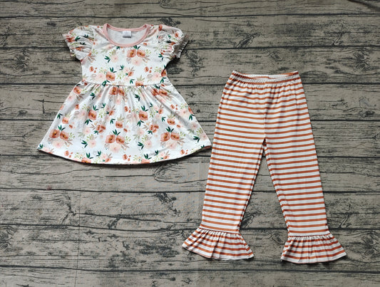 Baby Girls Orange Flowers Tunic Stripes Pants Clothes Sets