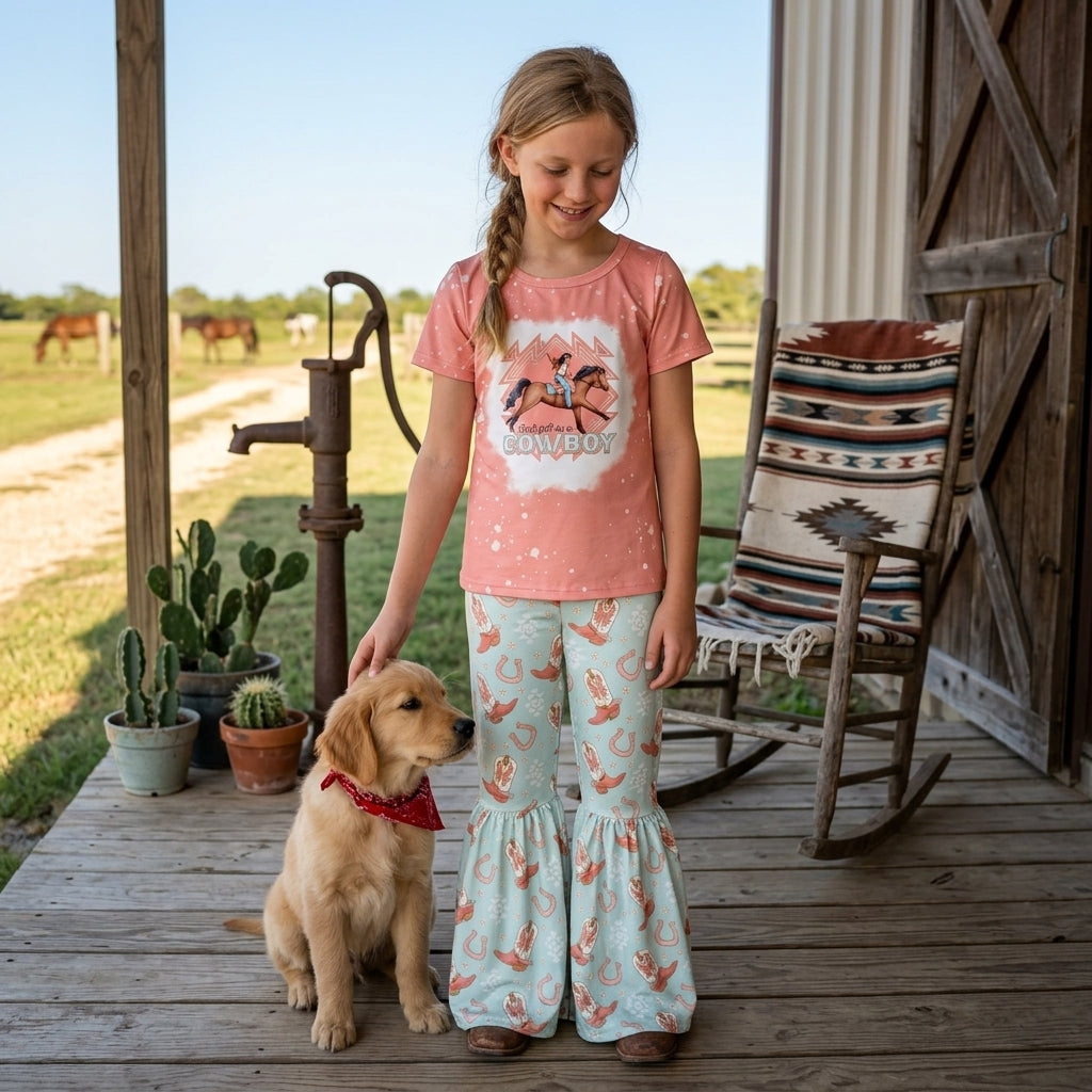 Baby Girls Cowboy Rodeo Boots Top Bell Bottom Pants Western Clothes Sets
