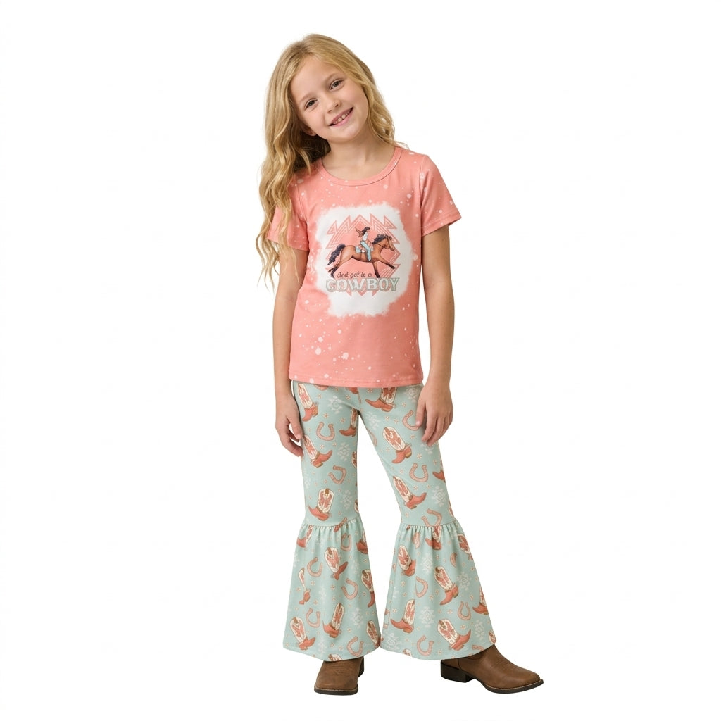 Baby Girls Cowboy Rodeo Boots Top Bell Bottom Pants Western Clothes Sets