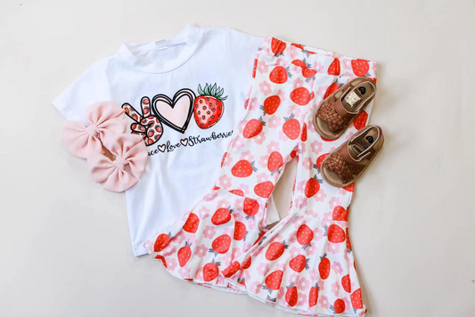 Baby Girls Peace Love Strawberry Shirt Bell Pants Outfits Clothes Sets Preorder