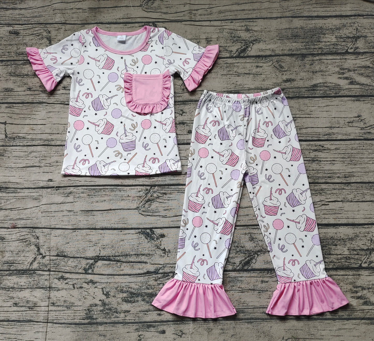 Baby Girls Birthday Cup Cake Pockets Tops Pants Pajamas Clothes Sets