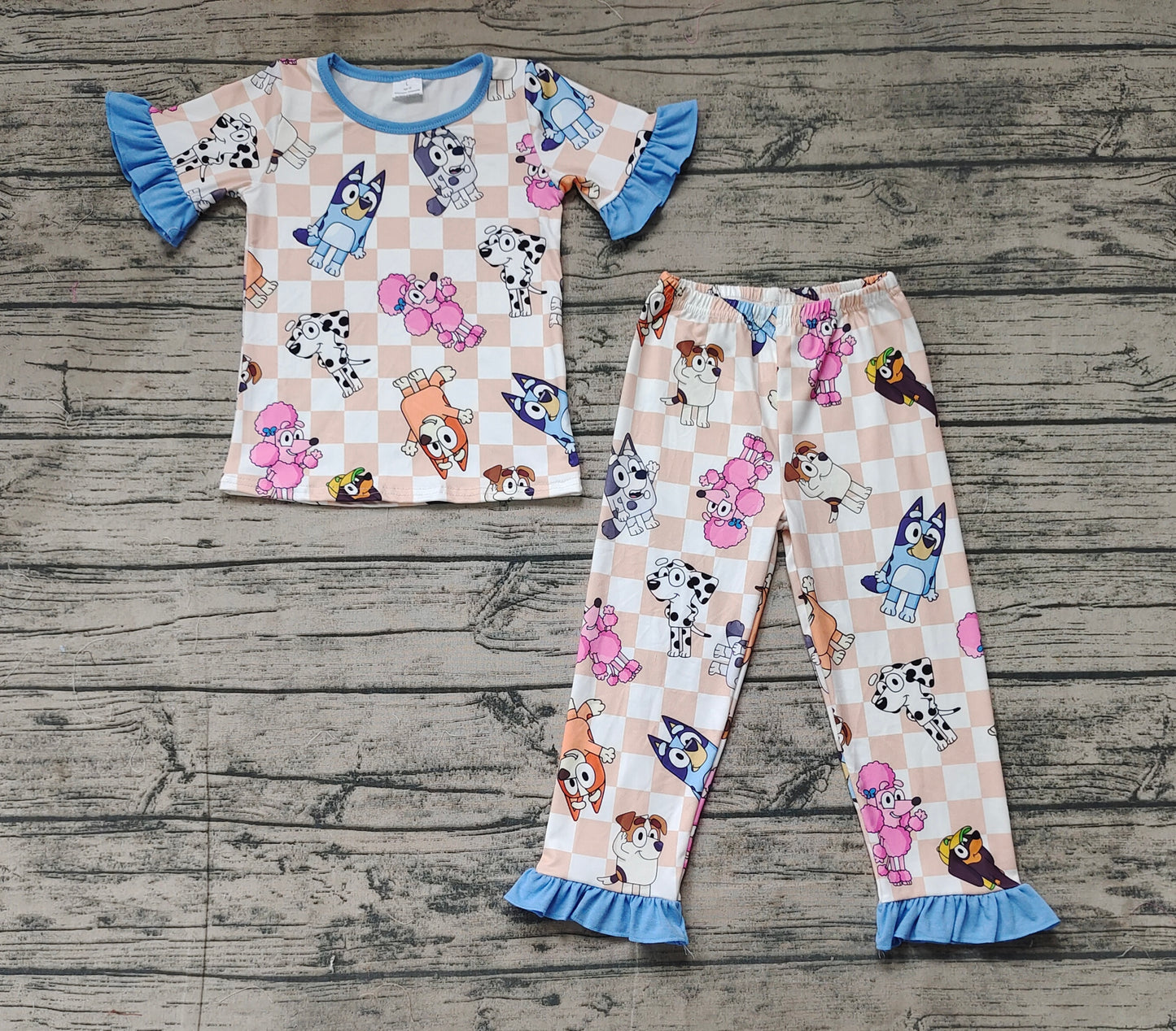 Baby Girls Dog Checkered Ruffle Tops Pants Pajamas Clothes Sets