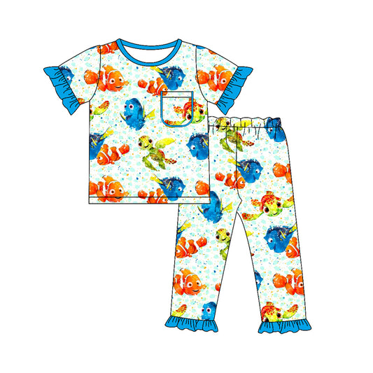 Baby Girls Fish Turtle Ruffle Tops Pants Pajamas Clothes Sets Preorder