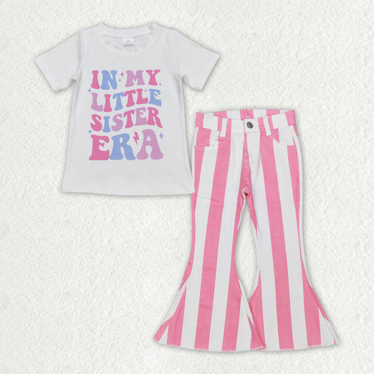 Baby Girls Little Sister Shirt Top Stripes Denim Jeans Pants Clothes Sets
