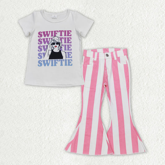 Baby Girls Words Singer Shirt Top Stripes Denim Jeans Pants Clothes Sets